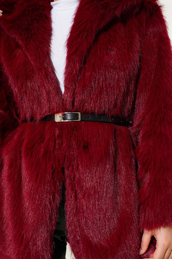 Madonna Collar Belted Fur Coat Claret Red