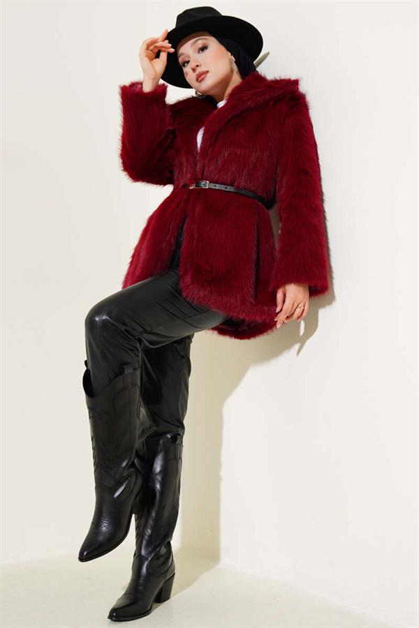 Madonna Collar Belted Fur Coat Claret Red