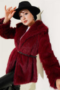 Madonna Collar Belted Fur Coat Claret Red