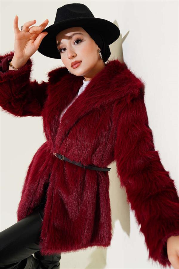 Madonna Collar Belted Fur Coat Claret Red