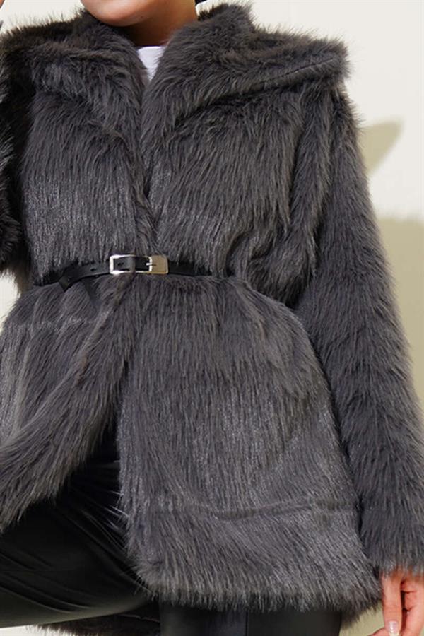 Madonna Collar Belted Fur Coat Smoke