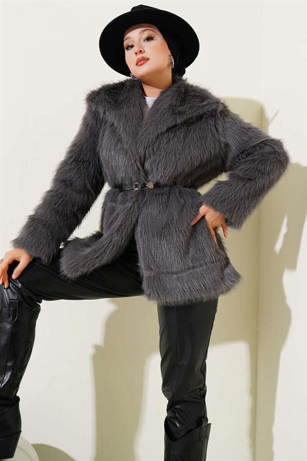 Madonna Collar Belted Fur Coat Smoke