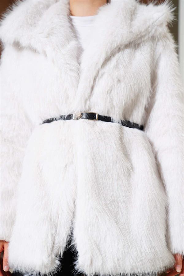 Madonna Collar Belted Fur Coat Stone