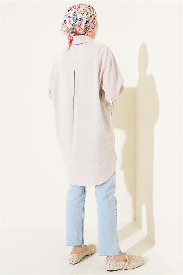 Linen Shirt with Cuff Ties Beige