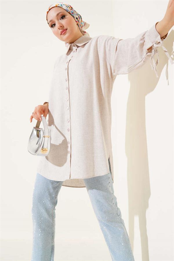 Linen Shirt with Cuff Ties Beige