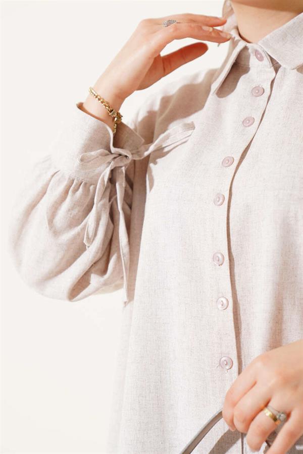 Linen Shirt with Cuff Ties Beige