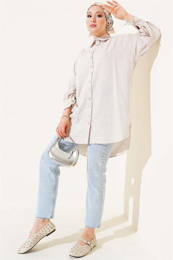 Linen Shirt with Cuff Ties Beige