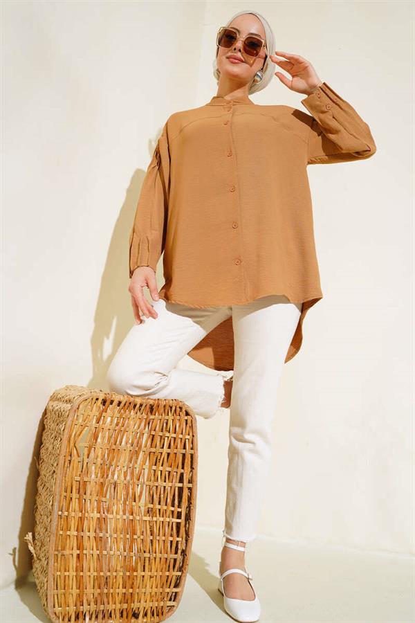  Cuffed Pleated Tunic Camel