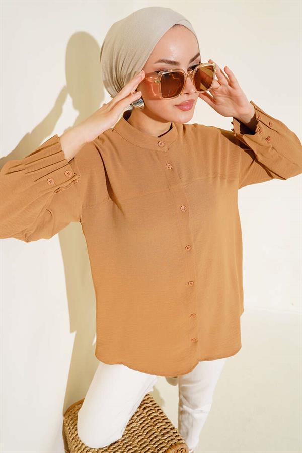  Cuffed Pleated Tunic Camel