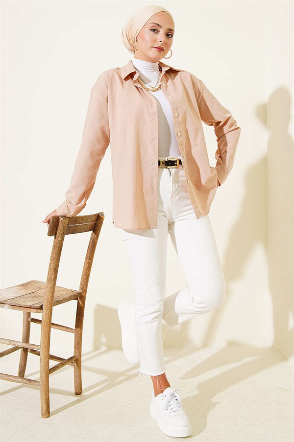 Basic Shirt with Buttoned Cuffs, Beige
