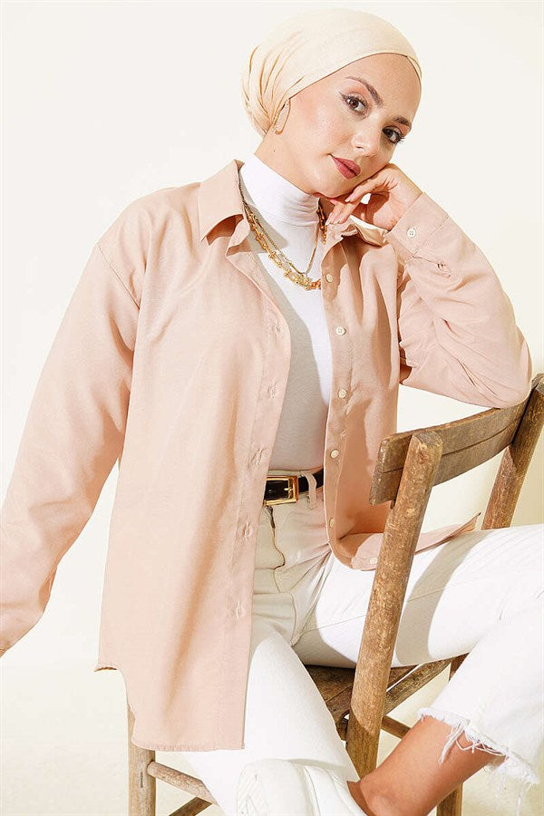 Basic Shirt with Buttoned Cuffs, Beige