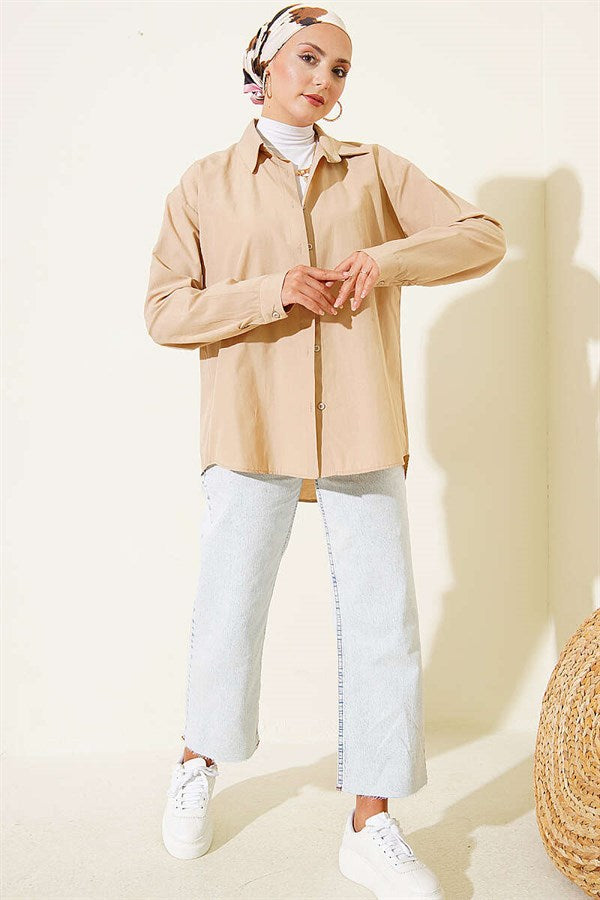 Basic Latte Shirt with Buttoned Cuffs
