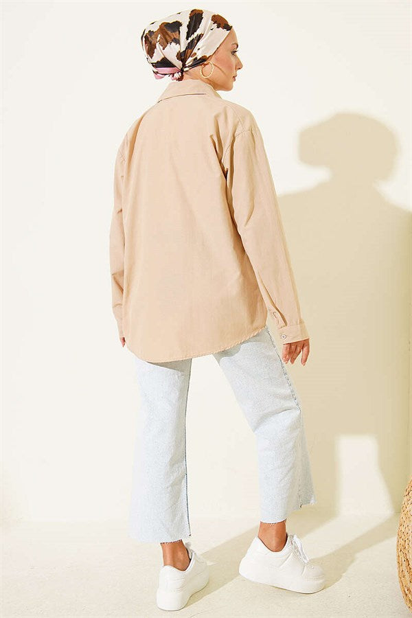 Basic Latte Shirt with Buttoned Cuffs