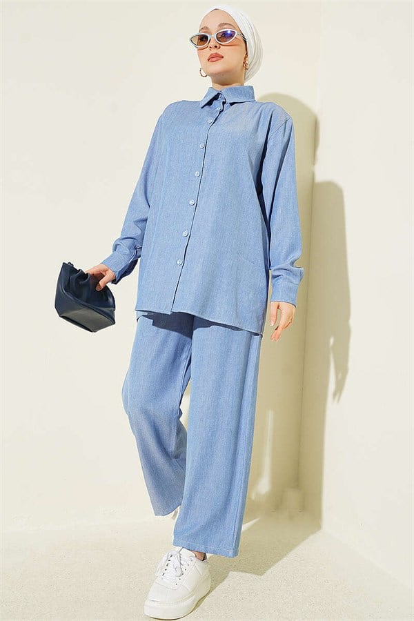 Basic 2 Piece Set with Buttoned Cuffs, Light Blue