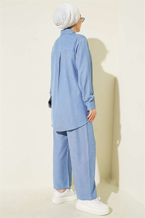 Basic 2 Piece Set with Buttoned Cuffs, Light Blue