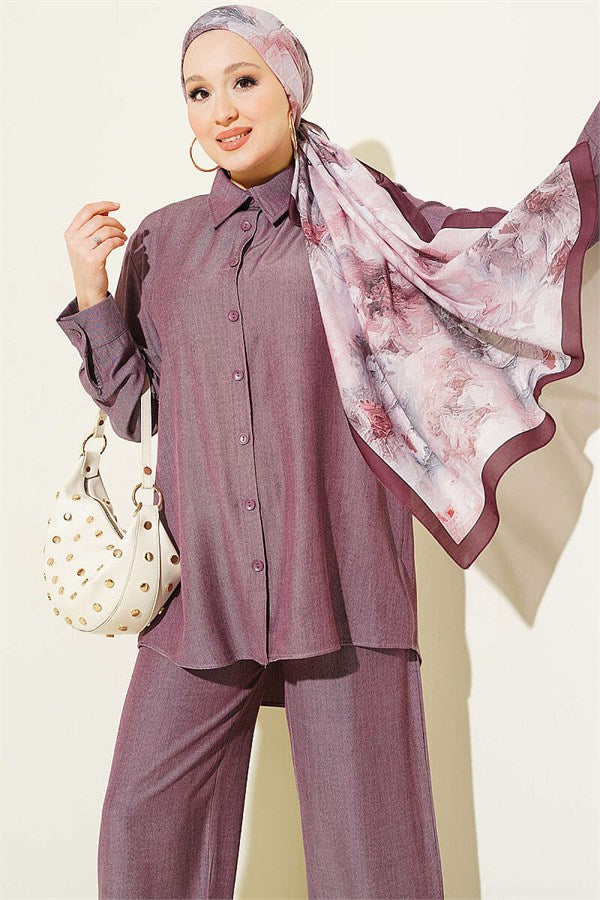 Basic 2 Piece Set with Buttoned Cuffs, Magenta