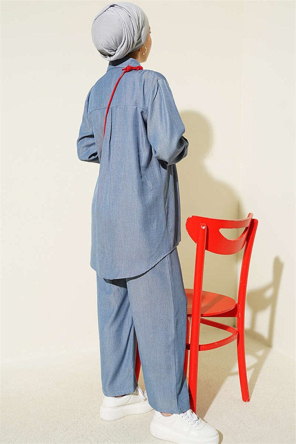 Basic 2 Piece Set with Buttoned Cuffs, Blue