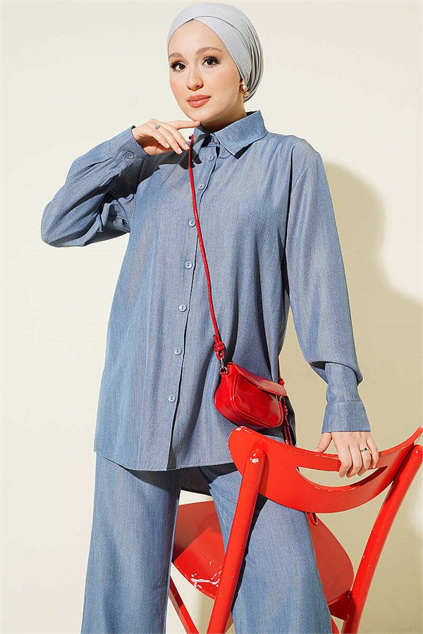 Basic 2 Piece Set with Buttoned Cuffs, Blue