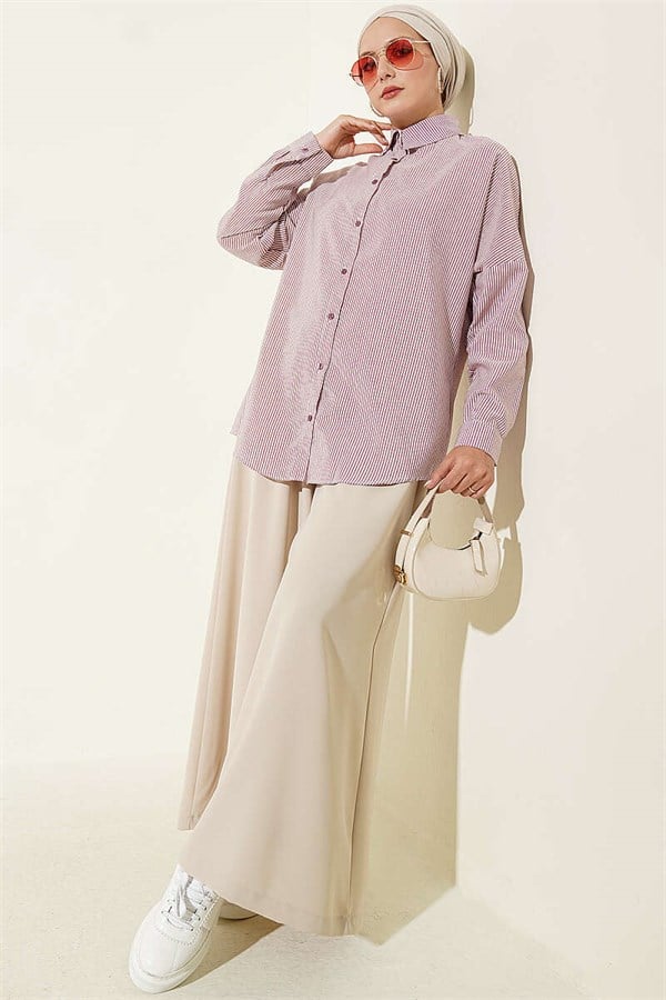Striped Shirt with Buttoned Cuffs, Burgundy