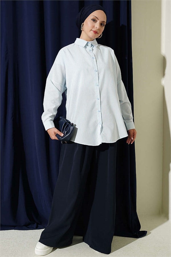 Striped Shirt with Buttoned Cuffs, Ice Blue