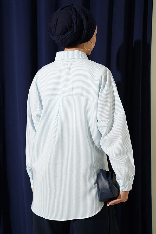 Striped Shirt with Buttoned Cuffs, Ice Blue