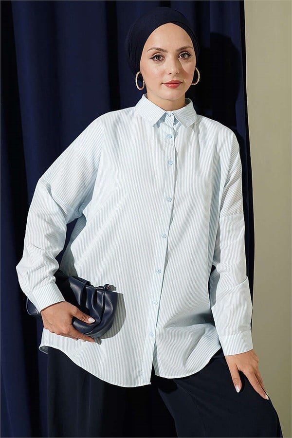Striped Shirt with Buttoned Cuffs, Ice Blue