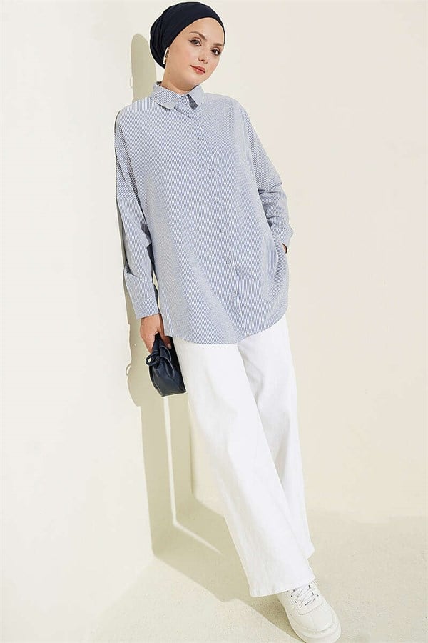 Striped Shirt with Buttoned Cuffs, Blue