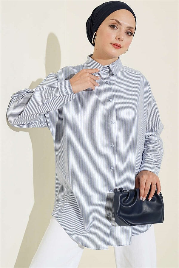 Striped Shirt with Buttoned Cuffs, Blue
