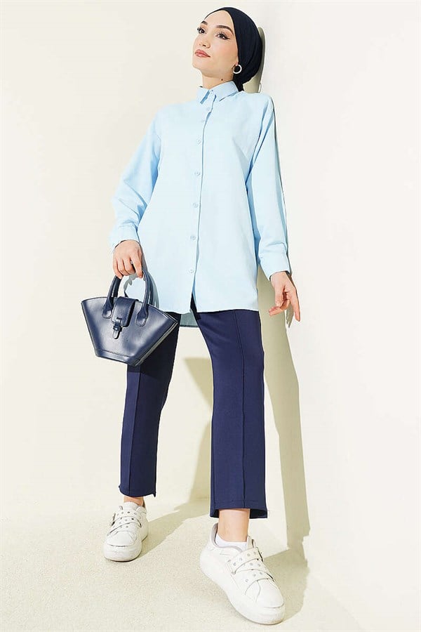 Button-Cuff Plain Shirt, Baby Blue