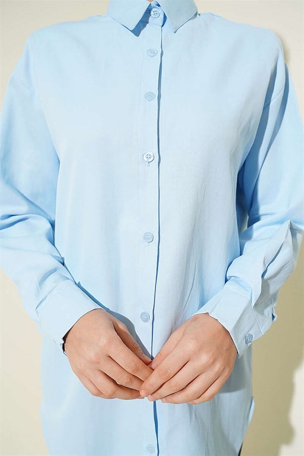 Button-Cuff Plain Shirt, Baby Blue