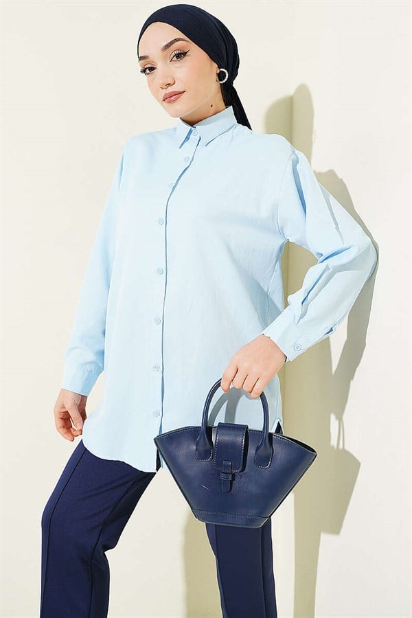 Button-Cuff Plain Shirt, Baby Blue