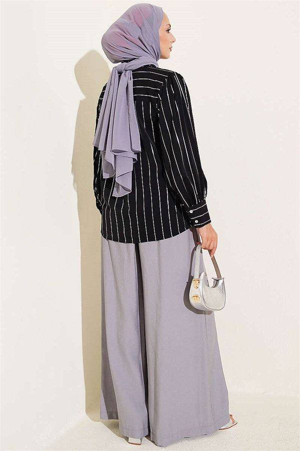 Black Pinstripe Shirt with Buttoned Cuffs