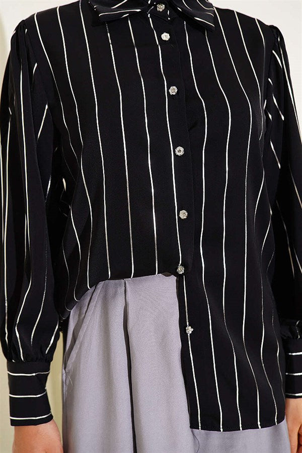 Black Pinstripe Shirt with Buttoned Cuffs