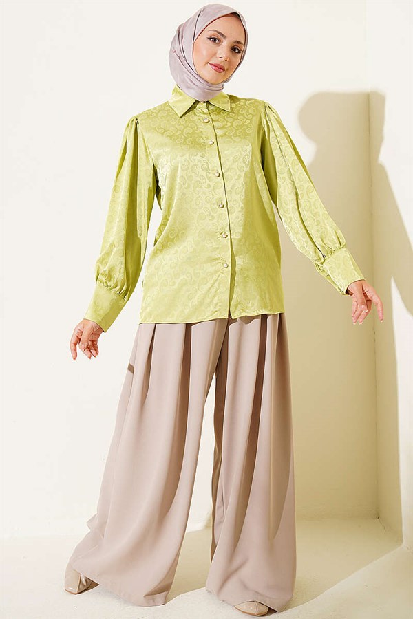 Jacquard Satin Shirt with Buttoned Cuffs, Pistachio Green