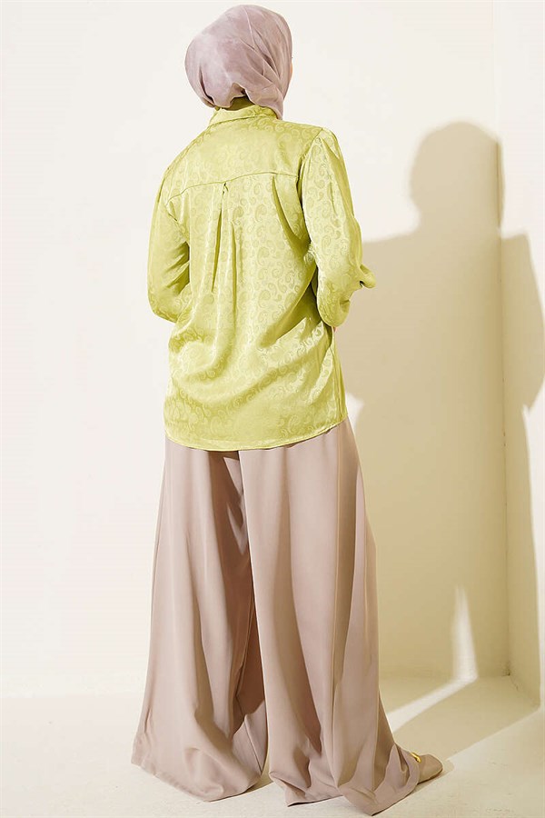Jacquard Satin Shirt with Buttoned Cuffs, Pistachio Green