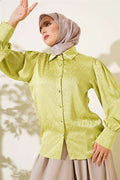 Jacquard Satin Shirt with Buttoned Cuffs, Pistachio Green