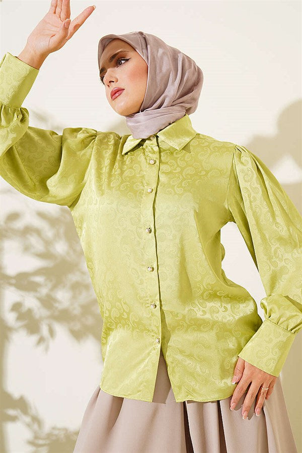 Jacquard Satin Shirt with Buttoned Cuffs, Pistachio Green