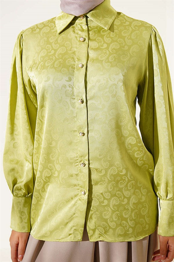 Jacquard Satin Shirt with Buttoned Cuffs, Pistachio Green