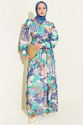 Navy Blue Mixed Pattern Dress with Buttoned Cuffs