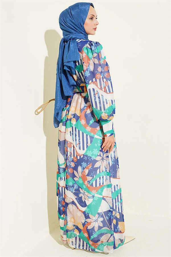 Navy Blue Mixed Pattern Dress with Buttoned Cuffs