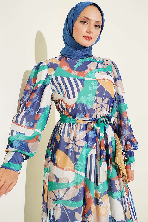 Navy Blue Mixed Pattern Dress with Buttoned Cuffs