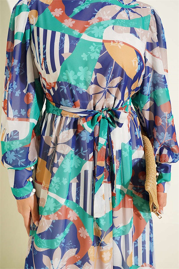 Navy Blue Mixed Pattern Dress with Buttoned Cuffs