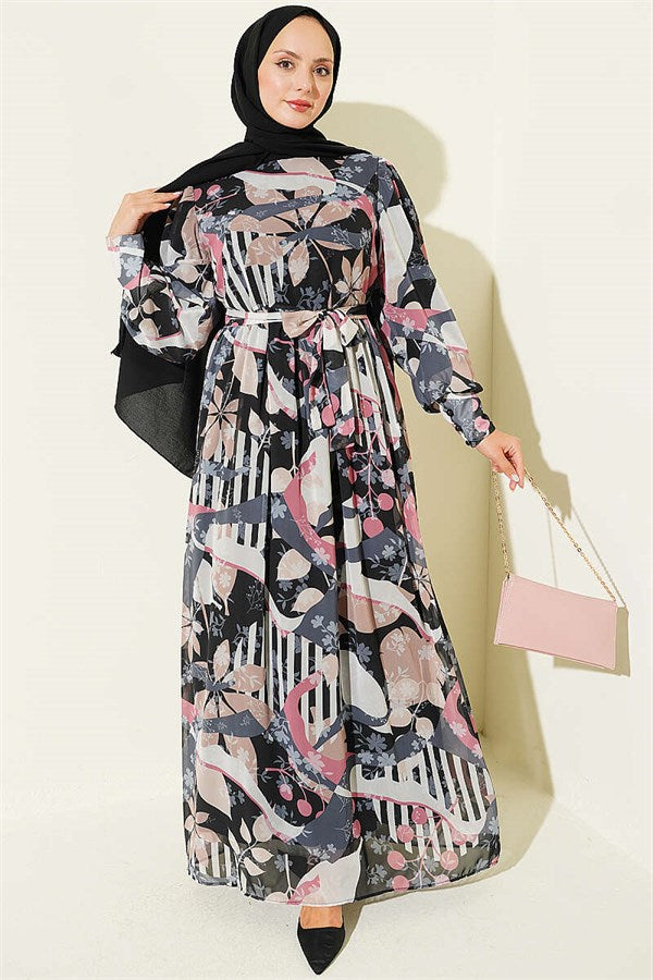 Black Mixed Pattern Dress with Buttoned Cuffs