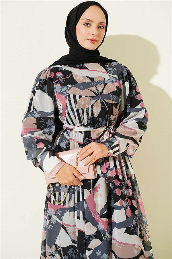 Black Mixed Pattern Dress with Buttoned Cuffs