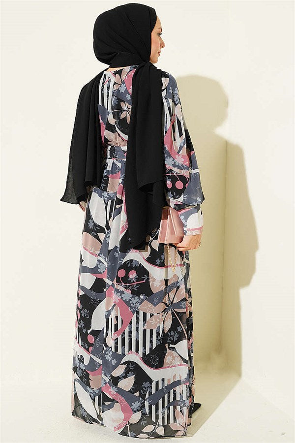 Black Mixed Pattern Dress with Buttoned Cuffs