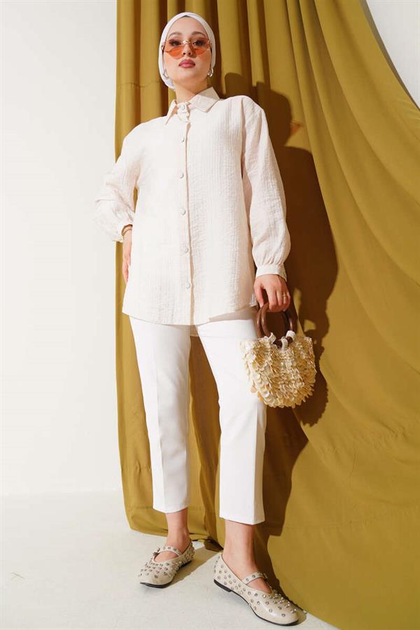 Crinkle Shirt with Cuff Buttons Beige