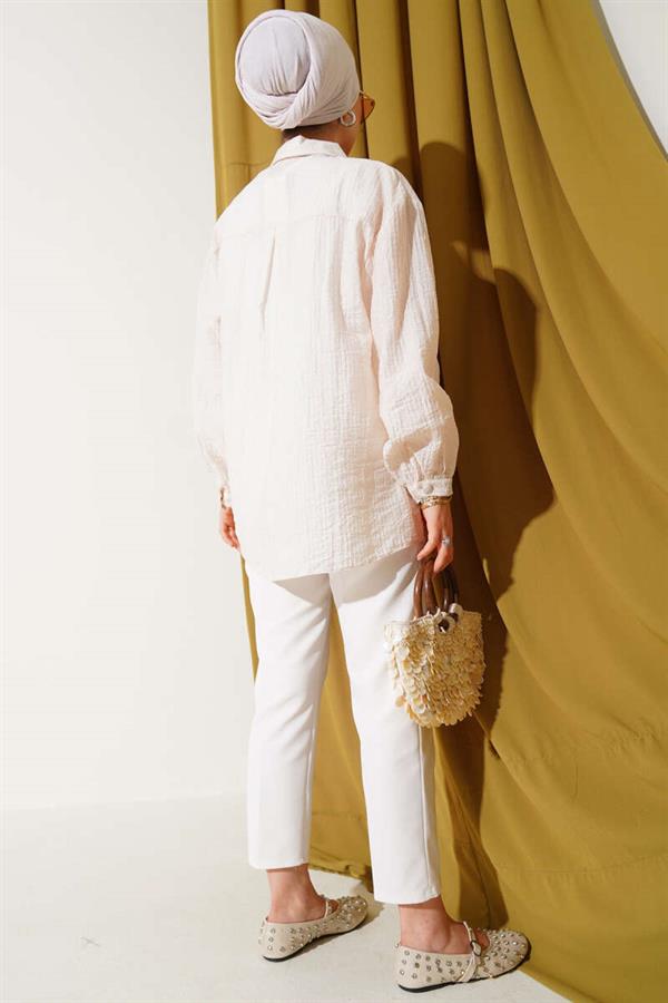 Crinkle Shirt with Cuff Buttons Beige
