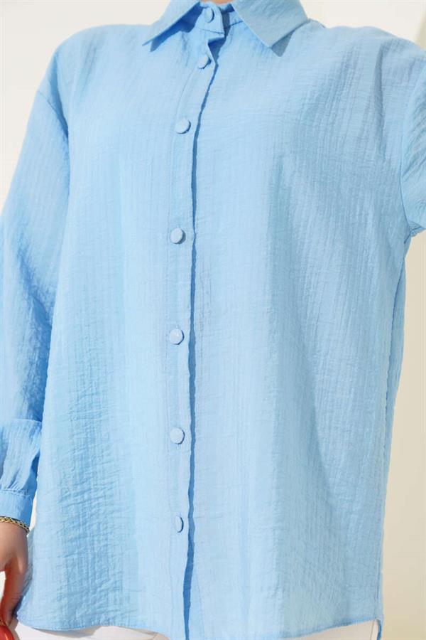 Cuff Button Crinkle Shirt Blue