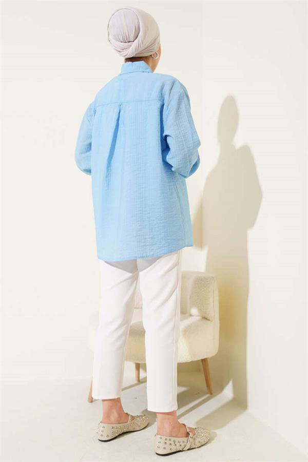 Cuff Button Crinkle Shirt Blue