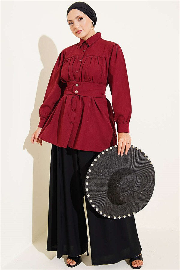 Burgundy Belted Shirt with Buttoned Cuffs